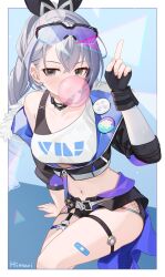 Rule 34 | 1girl, bandaid on thigh, black choker, black gloves, black jacket, blowing bubbles, choker, collarbone, commentary request, crop top, cropped jacket, feet out of frame, fingerless gloves, gloves, grey eyes, grey hair, hand up, highres, himari (himari ttc), honkai: star rail, honkai (series), jacket, long hair, long sleeves, looking at viewer, midriff, navel, shirt, silver wolf (honkai: star rail), single-shoulder shirt, single bare shoulder, sitting, solo, stomach, thigh strap, thighs