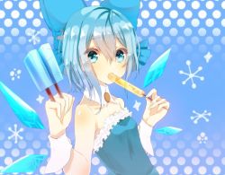 Rule 34 | 1girl, alternate costume, bad id, bad twitter id, bare shoulders, blue dress, blue eyes, blue hair, blue ribbon, bow, cirno, dress, fairy wings, food, hair bow, ice, ice wings, matching hair/eyes, polka dot, polka dot background, popsicle, ribbon, short hair, solo, touhou, varyu, wings