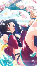 Rule 34 | 1girl, asymmetrical clothes, azki (hololive), black hair, blue eyes, blue flower, blush, commentary, detached sleeves, feet out of frame, flower, hands on own face, heart, highres, hololive, long hair, narumi nanami, navel, open mouth, orange flower, petals, pink flower, red flower, red skirt, rose, rose petals, skirt, thighs, virtual youtuber, yellow flower