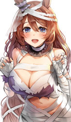 Rule 34 | 1girl, :d, animal ears, bandages, blue eyes, blush, bow, breasts, brown hair, cleavage, commentary, ear ribbon, hair between eyes, halloween, highres, horse ears, horse girl, large breasts, long hair, looking at viewer, mummy, naked bandage, navel, official alternate costume, open mouth, purple ribbon, ribbon, round teeth, simple background, smile, solo, super creek (chiffon ribbon mummy) (umamusume), super creek (umamusume), teeth, umamusume, upper teeth only, very long hair, white background, yuki (asayuki101)