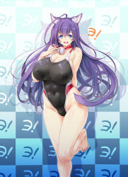 Rule 34 | 1girl, ahoge, animal ears, asobi ni iku yo!, bell, blue eyes, blush, breasts, cat ears, cat girl, collar, competition swimsuit, copyright request, female focus, gradient background, highres, huge breasts, kiyama satoshi, kuune, large breasts, legs folded, long hair, neck bell, one-piece swimsuit, open mouth, purple hair, smile, solo, swimsuit, very long hair