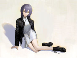 Rule 34 | 1girl, absurdres, black footwear, black jacket, boots, brown eyes, closed mouth, collar, commentary, dress, full body, highres, jacket, leather, leather jacket, long sleeves, looking at viewer, original, purple hair, reclining, shadow, short dress, short hair, solo, subfiction, white dress