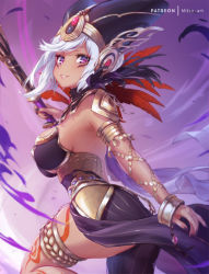 Rule 34 | 1girl, asymmetrical clothes, breasts, cia (hyrule warriors), dark-skinned female, dark skin, eyelashes, facial mark, feathers, from side, holding, holding weapon, hyrule warriors, jewelry, large breasts, looking at viewer, mitsu (mitsu art), nail polish, nintendo, parted lips, patreon username, purple background, purple eyes, skindentation, smile, solo, staff, swept bangs, the legend of zelda, thighlet, thighs, twisted torso, weapon, white hair