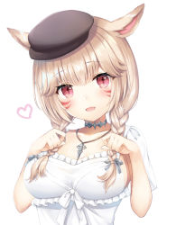 Rule 34 | 1girl, :d, animal ears, bad id, bad pixiv id, blush, braid, breasts, brown hat, cabbie hat, cat ears, collarbone, commentary request, facial mark, fang, final fantasy, final fantasy xiv, grey ribbon, hair ribbon, hat, head tilt, jewelry, kanora, light brown hair, long hair, looking at viewer, low twintails, medium breasts, miqo&#039;te, open mouth, pendant, red eyes, ribbon, shirt, short sleeves, smile, solo, twin braids, twintails, whisker markings, white shirt