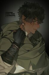 Rule 34 | 1boy, absurdres, artist name, bishounen, black gloves, cloak, closed mouth, commission, criss-cross straps, cross scar, dated, earrings, english text, fingerless gloves, from side, gloves, go e 0000, green cloak, green eyes, grey background, hair between eyes, highres, hood, hood down, hooded cloak, jewelry, layered clothes, long sleeves, looking ahead, male focus, messy hair, nose, original, pointy ears, popped collar, scar, scar across eye, skeb commission, solo, thank you, two-tone cloak, upper body, vignetting