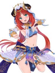 Rule 34 | 1girl, :d, aqua eyes, blue gemstone, blue skirt, blush, bracer, breasts, cowboy shot, dancer, detached sleeves, fake horns, gem, genshin impact, gold choker, gold trim, harem outfit, highres, horns, jewelry, leg up, long hair, long sleeves, looking at viewer, medium breasts, midriff, navel, neck ring, nilou (genshin impact), open mouth, puffy long sleeves, puffy sleeves, red hair, rocha (aloha ro cha), sidelocks, skirt, smile, solo, thighlet, twintails, veil, very long hair, white headdress, white headwear, white veil