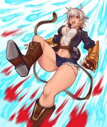 Rule 34 | 1girl, blazblue, boots, breasts, bullet (blazblue), countgalatea, crop top, highres, jacket, large breasts, long sleeves, micro shorts, scar, scar on face, short hair, shorts, teeth, white hair, yellow eyes