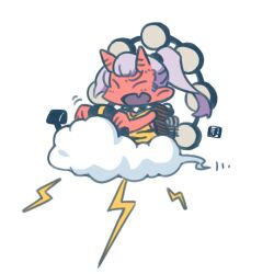 Rule 34 | 1girl, chibi, closed eyes, cloud, cloudy sky, collar, colored skin, driving, drum, fang, full body, horns, instrument, leotard, lightning, long hair, mawaru (mawaru), oni, oni horns, open mouth, original, ponytail, purple hair, red skin, simple background, skin fang, sky, solo, spiked collar, spikes, white background, yellow leotard