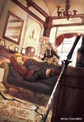 Rule 34 | 1boy, 1girl, belt, black pants, blonde hair, blue eyes, bottle, candle, chandelier, clock, closed eyes, couch, curtains, drawing (object), elf, fantasy, highres, indoors, juliet sleeves, long sleeves, lying, maid, maid headdress, mirror, official art, on back, open mouth, pants, pointy ears, puffy sleeves, rug, sanshouuo, standing, sword, weapon, window