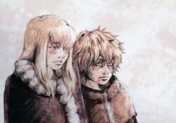 Rule 34 | 2boys, amber skai, androgynous, blonde hair, blush, canute, cape, closed mouth, eyebrows, eyebrows hidden by hair, fur trim, height difference, highres, male focus, multiple boys, parted lips, prince, sidelocks, simple background, sweat, teeth, thorfinn, viking, vinland saga