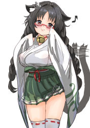 Rule 34 | 1girl, animal ears, azur lane, bare shoulders, bell, bespectacled, black hair, blush, braid, breasts, cat ears, cat girl, cat tail, glasses, hair ornament, hey taisyou, highres, jingle bell, large breasts, long hair, long sleeves, ooshio (azur lane), open mouth, red eyes, semi-rimless eyewear, smile, solo, tail, tail wagging, thighhighs, twin braids, under-rim eyewear, white thighhighs