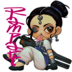 Rule 34 | 1girl, apex legends, black footwear, black gloves, black hair, blue sash, brown eyes, chain, character name, chest harness, chibi, earrings, eyebrow cut, gloves, harness, highres, indian clothes, jewelry, min tian zai hua, nose piercing, nose ring, official alternate costume, one eye closed, piercing, rampart (apex legends), sari, sari not sari rampart, sash, sheila (minigun), shoes, single earring, sitting, solo, weapon, weapon on back, white background