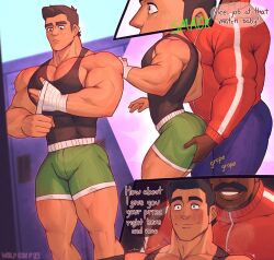 Rule 34 | 2boys, artist name, ass, bandaged hand, bandages, bara, black hair, blue pants, blush, closed mouth, dark-skinned male, dark skin, english text, f con, facial hair, green shorts, groping, hand on another&#039;s ass, height difference, highres, jacket, large pectorals, little mac, male focus, multiple boys, muscular, muscular male, mustache, nintendo, pants, pectoral cleavage, pectorals, punch-out!!, red jacket, short hair, shorts, smile, tank top, thick thighs, thighs, white tank top, yaoi