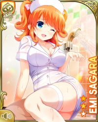 Rule 34 | 1girl, blanket, blue eyes, bow, breasts, card (medium), character name, cleavage, dress, girlfriend (kari), hair ornament, hat, hospital, indoors, large breasts, looking at viewer, nurse, nurse cap, official art, open mouth, orange hair, qp:flapper, sagara emi, shower (place), shower head, sitting, smile, standing, tagme, thighhighs, tile, twintails, water, wet, wet clothes, white bow, white dress, white thighhighs