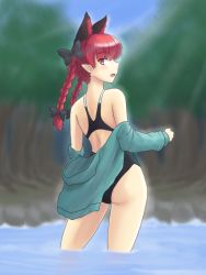 Rule 34 | 1girl, animal ears, ass, back, bare shoulders, blurry, bow, braid, cat ears, competition swimsuit, depth of field, extra ears, forest, from behind, hair bow, hood, hoodie, isaki (gomi), kaenbyou rin, long hair, looking at viewer, looking back, nature, no tail, off shoulder, one-piece swimsuit, open mouth, pointy ears, red eyes, red hair, solo, standing, swimsuit, swimsuit under clothes, touhou, twin braids, water