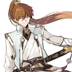 Rule 34 | 1boy, brown eyes, brown hair, chinese clothes, closed mouth, h haluhalu415, holding, holding sword, holding weapon, jian (weapon), long hair, long sleeves, looking at viewer, luke pearce (tears of themis), male focus, ponytail, sheath, sheathed, smile, solo, sword, tears of themis, weapon