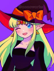 Rule 34 | 1girl, blonde hair, blue eyes, blush, breasts, cleavage, cosplay, elf, grin, halloween, hat, highres, long hair, looking at viewer, nintendo, one eye closed, pointy ears, princess zelda, small breasts, smile, standing, the legend of zelda, the legend of zelda: a link between worlds, tiara, triforce earrings, upper body, wink, witch, witch hat