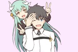 Rule 34 | 1boy, 1girl, :d, ;d, arm up, black hair, black jacket, blazer, blue eyes, brown eyes, chaldea uniform, collared shirt, commentary request, double v, dragon horns, fate/grand order, fate (series), fujimaru ritsuka (male), green hair, hair between eyes, hair ornament, heart, heart-shaped pupils, highres, horns, jacket, kiyohime (fate), long hair, long sleeves, looking at viewer, mitchi, necktie, one eye closed, open mouth, purple background, shirt, simple background, smile, symbol-shaped pupils, uniform, v, very long hair, white jacket, white shirt, yellow neckwear