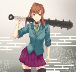 Rule 34 | 1girl, bad id, bad pixiv id, black thighhighs, brown hair, chidouin sara, choker, club, club (weapon), egasumi, green necktie, grey background, holding, holding weapon, jacket, kanabou, kimi ga shine, long hair, necktie, over shoulder, pink eyes, purple skirt, skirt, solo, spiked club, standing, thighhighs, weapon