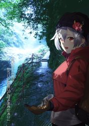 Rule 34 | 1girl, backpack, bag, black headwear, brown gloves, casual, coat, commentary request, down jacket, fate/grand order, fate (series), forest, gloves, hair between eyes, highres, jacket, knit hat, looking at viewer, nature, outdoors, railing, red eyes, red jacket, river, silver hair, solo, tomoe gozen (fate), tree, vegetablenabe, winter clothes, winter coat, winter gloves