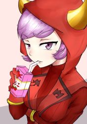 Rule 34 | 1girl, breasts, courtney (pokemon), courtney (pokemon oras), creatures (company), drawfag, drinking, fake horns, game freak, gloves, hood, hoodie, horned headwear, horns, juice box, looking at viewer, nintendo, pokemon, pokemon oras, purple eyes, purple hair, red gloves, ribbed sweater, short hair, solo, sweater, team magma, uniform, upper body