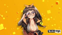 Rule 34 | artist request, black hair, botan (destiny child), breasts, camera, cleavage, collarbone, destiny child, glasses, holding glasses, large breasts, long sleeves, looking at viewer, skirt, yellow background