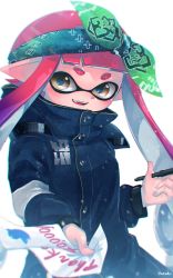 Rule 34 | 1girl, :d, bad id, bad twitter id, bandana, black coat, blunt bangs, blurry, brown eyes, buttons, chromatic aberration, coat, commentary request, depth of field, fang, gradient hair, green background, high collar, highres, holding, holding paper, holding pen, hood, hood down, hooded coat, inkling, inkling (language), inkling girl, inkling player character, kashu (hizake), long hair, long sleeves, looking at viewer, monster girl, multicolored hair, nintendo, open mouth, paper, pen, pink hair, pointy ears, purple hair, reaching, reaching towards viewer, short eyebrows, signature, smile, solo, splatoon (series), splatoon 2, tentacle hair, thank you, twitter