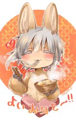 Rule 34 | 1other, :3, animal ears, artist name, blush, bowl, brown fur, chopsticks, commentary request, cropped torso, eating, closed eyes, facing viewer, food, furry, grey hair, hands up, happy, heart, highres, holding, holding bowl, holding chopsticks, made in abyss, mumu yu mu, nanachi (made in abyss), noodles, orange background, other focus, outline, shippou (pattern), short hair, smile, solo, steam, topless, upper body, whiskers, white background, white outline