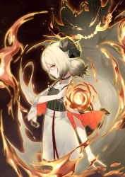 Rule 34 | 1girl, absurdres, arknights, black choker, black footwear, black shirt, blonde hair, capelet, chinese commentary, choker, commentary request, demon, demon horns, fire, from side, highres, horns, ifrit (arknights), jiusan naitang, looking at viewer, orange eyes, originium arts (arknights), profile, shirt, short hair, short twintails, sideways glance, skirt, solo, twintails, upper body, white capelet, white skirt