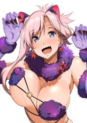 Rule 34 | 1girl, animal ears, bare shoulders, blue eyes, blush, bouncing breasts, bow, breasts, claw pose, cleavage, cosplay, earrings, elbow gloves, fang, fate/grand order, fate (series), fur-trimmed gloves, fur collar, fur trim, gloves, halloween costume, highres, jewelry, large breasts, long hair, looking at viewer, mash kyrielight, mash kyrielight (dangerous beast), mash kyrielight (dangerous beast) (cosplay), miyamoto musashi (fate), o-ring, official alternate costume, open mouth, pink hair, ponytail, purple gloves, revealing clothes, simple background, smile, solo, swept bangs, tokiwa midori (kyokutou funamushi), unaligned breasts, white background, wolf ears, wolf girl