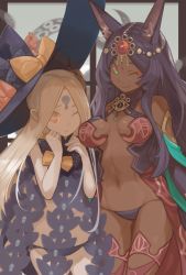 Rule 34 | 2girls, ;), abigail williams (fate), abigail williams (second ascension) (fate), animal ears, bad id, bad pixiv id, bikini, bikini bottom only, black bikini, black hat, blonde hair, bokaa (exploration), bow, breasts, commentary request, dark-skinned female, dark skin, fate/grand order, fate (series), forehead, gem, gluteal fold, green eyes, hand on another&#039;s head, hat, hat bow, head chain, jewelry, keyhole, large breasts, long hair, looking at viewer, multiple girls, navel, one eye closed, orange bow, orange eyes, parted bangs, polka dot, polka dot bow, purple hair, queen of sheba (fate), revealing clothes, smile, swimsuit, witch