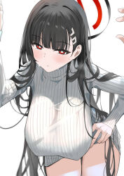 Rule 34 | 1girl, amy 016, black hair, blue archive, blush, breasts, large breasts, red eyes, rio (blue archive), sweater, turtleneck, turtleneck sweater
