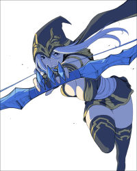 Rule 34 | 1girl, aiming, aiming at viewer, arrow (projectile), ashe (league of legends), black thighhighs, blue dress, blue eyes, bow (weapon), breasts, cape, dress, fighting stance, fingerless gloves, gloves, hat, holding, holding weapon, ieung-isegae, large breasts, league of legends, long hair, looking at viewer, solo, thighhighs, unaligned breasts, weapon, white background, white hair