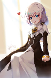 Rule 34 | 1girl, absurdres, blue eyes, curtains, dymao, fangs, hair between eyes, heart, highres, honkai (series), honkai impact 3rd, indoors, long sleeves, looking at viewer, nun, open mouth, side ponytail, sitting, solo, theresa apocalypse, theresa apocalypse (valkyrie pledge), white hair, window