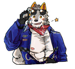 Rule 34 | 1boy, animal ears, bara, bare pectorals, cropped torso, facial hair, furry, furry male, goatee, grey fur, jacket, large pectorals, male focus, muscular, muscular male, nipples, open clothes, open jacket, orange eyes, original, pectorals, shan gou bu chu shan cheng, solo, sparse chest hair, sunglasses, tail, thick eyebrows, undressing, wink star, wolf boy, wolf ears, wolf tail