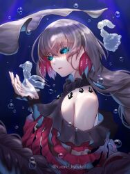 Rule 34 | 3girls, bare shoulders, black sclera, blue eyes, braid, brown hair, bubble, colored inner hair, colored sclera, commentary request, fins, fish tail, frilled shark, frilled wrist cuffs, frills, highres, jellyfish girl, kurono hyouka, long hair, looking at viewer, mini person, minigirl, multicolored hair, multiple girls, original, personification, red hair, shark tail, tail, underwater, very long hair, wrist cuffs