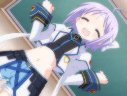 Rule 34 | 1girl, ahoge, armor, belt, classroom, clenched hand, clenched hands, cosplay, crop top, crossover, dutch angle, closed eyes, flat chest, forearms at chest, game cg, happy, headband, hiiragi tsukasa, indoors, jacket, lucky star, lucky star ~ryouou gakuen outousai~, lyrical nanoha, mahou shoujo lyrical nanoha, mahou shoujo lyrical nanoha strikers, midriff, navel, non-web source, official art, outstretched arms, purple hair, ryouou gakuen outousai, school, screencap, short hair, shorts, solo, spread arms, subaru nakajima, subaru nakajima (cosplay), yoshimizu kagami