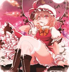 Rule 34 | 1girl, bat (animal), blonde hair, boots, cross-laced footwear, crossed legs, fang, flandre scarlet, frills, haruhina purple, hat, hat ribbon, lace, lace-trimmed legwear, lace-up boots, lace trim, looking at viewer, moon, red eyes, ribbon, short hair, sitting, smile, solo, thighhighs, touhou, white thighhighs, wings, wrist cuffs