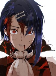Rule 34 | 1boy, absurdres, alcryst (fire emblem), ascot, asymmetrical hair, blood, blood on face, blue hair, fire emblem, fire emblem engage, hair between eyes, hair ornament, hairclip, high collar, highres, injury, looking at another, male focus, nintendo, red eyes, short hair, solo, white ascot, white background, yoi0763