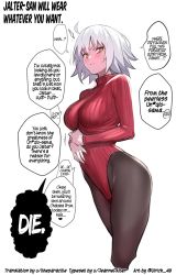 Rule 34 | 1girl, ahoge, alternate costume, black pantyhose, blush, breasts, fate/grand order, fate (series), hard-translated, heattech leotard, highres, jeanne d&#039;arc (fate), jeanne d&#039;arc alter (fate), large breasts, leotard, long sleeves, meme attire, pantyhose, red leotard, ribbed leotard, short hair, silver hair, simple background, solo, speech bubble, sweat, third-party edit, turtleneck, ulrich (tagaragakuin), white background, yellow eyes