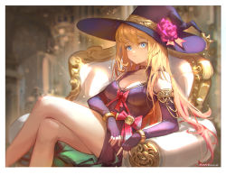 Rule 34 | 1girl, absurdres, arm rest, armchair, armlet, artist name, bare shoulders, blonde hair, blue eyes, blurry, blurry background, bow, bracelet, breasts, chair, cleavage, collar, crossed legs, dress, elbow gloves, fingerless gloves, flower, gloves, hat, hat flower, highres, jewelry, light particles, long hair, looking at viewer, medium breasts, meinoss, multicolored hair, original, pink flower, purple dress, purple hat, red bow, red hair, solo, streaked hair, two-sided fabric, two-sided skirt, very long hair, witch hat