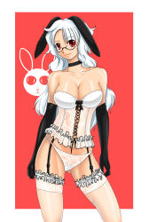 Rule 34 | 1girl, animal ears, bare shoulders, black gloves, breasts, choker, cleavage, corset, dark-skinned female, dark skin, elbow gloves, fake animal ears, female focus, frills, garter belt, garter straps, glasses, gloves, judge martin, lace, lace-trimmed legwear, lace trim, large breasts, leotard, lingerie, long hair, panties, playboy bunny, rabbit, rabbit ears, red eyes, shiny skin, smile, solo, thighhighs, underwear, white hair, white panties, white thighhighs