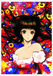 Rule 34 | 1girl, absurdres, black hair, blue flower, breasts, cleavage, closed mouth, commentary, dress, english commentary, floral background, flower, green eyes, highres, long hair, looking at viewer, medium breasts, original, puffy short sleeves, puffy sleeves, red flower, say hana, short sleeves, solo, strapless, strapless dress, white dress, yellow flower