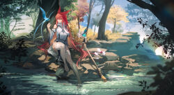 Rule 34 | 1girl, animal ears, bird, bird on hand, blurry, brown eyes, bush, cat ears, clothing cutout, depth of field, dress, final fantasy, final fantasy xiv, foliage, forest, full body, highres, long bangs, long hair, looking to the side, mage staff, mask, miqo&#039;te, nature, pelvic curtain, rainbow, red hair, rff (3 percent), river, riverbank, rock, shoulder cutout, silver mask, sitting, sitting on rock, slit pupils, solo, thighhighs, tree, turtleneck, turtleneck dress, unworn mask, very long hair, warrior of light (ff14), wet thighhighs, white dress, white mage (final fantasy), white thighhighs