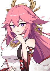 Rule 34 | 1girl, absurdres, bare shoulders, detached sleeves, dress, fingernails, genshin impact, gold, hair between eyes, hair ornament, hand on own chin, hand up, high collar, highres, light blush, long hair, looking at viewer, miz (mizillustration), open mouth, petals, pink hair, purple eyes, ribbon-trimmed dress, ribbon-trimmed sleeves, ribbon trim, simple background, sleeveless, sleeveless dress, smug, solo, upper body, white background, white dress, wide sleeves, yae miko