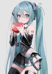 Rule 34 | 1girl, black thighhighs, blue eyes, blue hair, box, box of chocolates, detached sleeves, frown, hair between eyes, hair ornament, hatsune miku, highres, holding, holding box, light blush, long hair, long sleeves, looking at viewer, necktie, pleated skirt, skirt, solo, standing, takepon1123, thighhighs, twintails, valentine, very long hair, vocaloid, wide sleeves