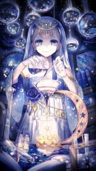 1girl absurdres blonde_hair blue_eyes blue_flower blue_rose bottle closed_mouth crescent_moon dress dress_flower earrings flask flower habit highres hitoba jewelry looking_at_viewer moon original rose short_hair sky smile solo star_(sky) star_(symbol) starry_sky starry_sky_print