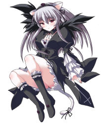 Rule 34 | 00s, 1girl, animal ears, black wings, boots, breasts, cat ears, cat tail, cleavage, flower, frills, full body, hairband, long hair, purple eyes, ribbon, rozen maiden, shinshin, sidelocks, silver hair, simple background, solo, suigintou, tail, textless version, white background, wings