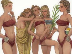 Rule 34 | 5girls, belt bra, blonde hair, body freckles, breasts, brown hair, closed mouth, covered erect nipples, freckles, greco-roman clothes, grey eyes, hair bun, highres, historically accurate costume, holding, long hair, looking at viewer, medium breasts, mossacannibalis, multiple girls, navel, nipples, original, parted lips, ribs, roman clothes, simple background, single hair bun, smile, standing, toga, white background