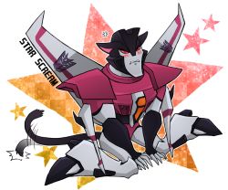 Rule 34 | 1boy, afterimage, anger vein, animal ears, blush, cat boy, cat ears, cat tail, decepticon, male focus, red eyes, robot, shinzui (fantasysky7), sitting, solo, starscream, tail, tears, transformers, transformers animated, wariza